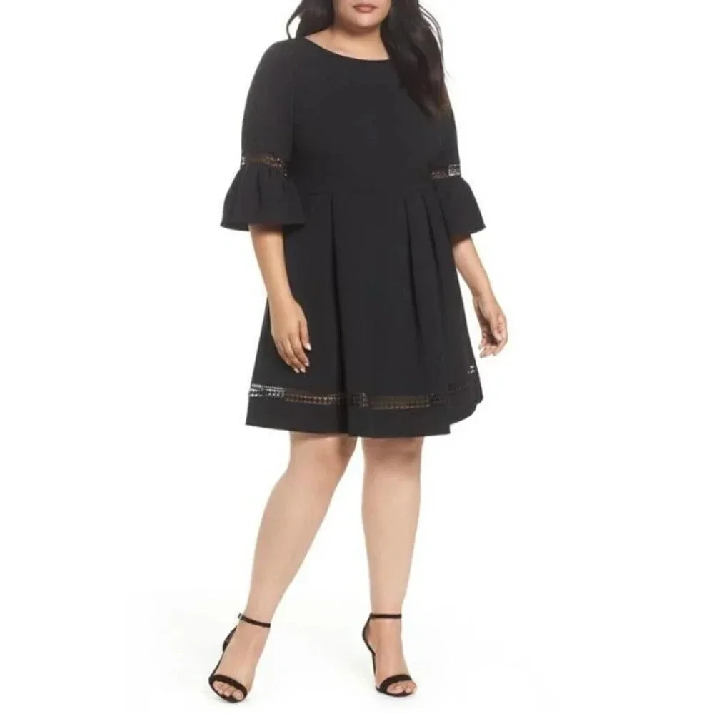 Eliza J Three  Quarter Sleeve Pleated Inset Fit and Flare Dress